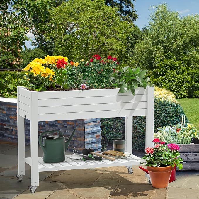 YITAHOME Raised Garden Bed with Wheels 43.3x17.7x34 in Raised Planter Box with Legs, Drain Plug and Storage Shelf, Elevated Planter Box for Plants Vegetables Flowers Herbs, White
