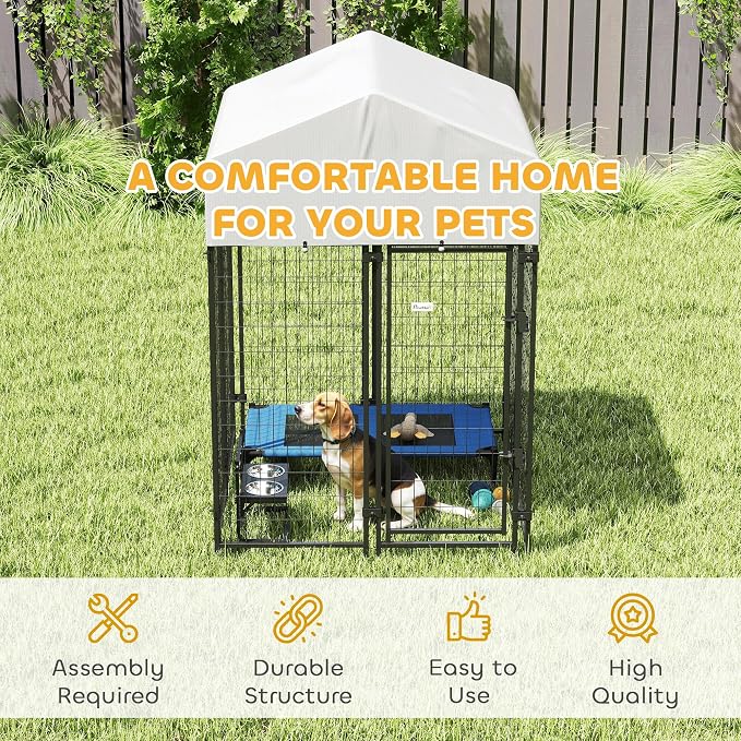 PawHut Outdoor Dog Kennel with Roof, 4' x 4' x 6' Heavy Duty Welded Wire Dog Playpen Enclosure with Escape-Proof Lock, UV-Resistant & Waterproof Cover, for Medium Dogs, Chickens, Ducks, Silver | Heavy Duty Welded Wire Dog Playpen Enclosure, Escape-proo...