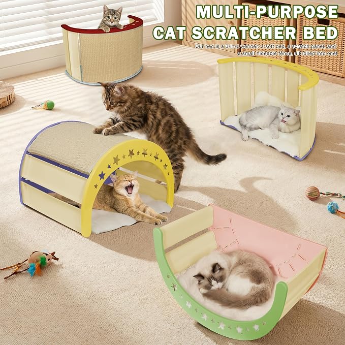 3-in-1 Crescent Elevated Cat Bed with Removable Sisal Scratcher & Soft Fleece Mat, Rocking Cat Hammock Lounge for Indoor Cats, Kittens & Small Animals, Blue