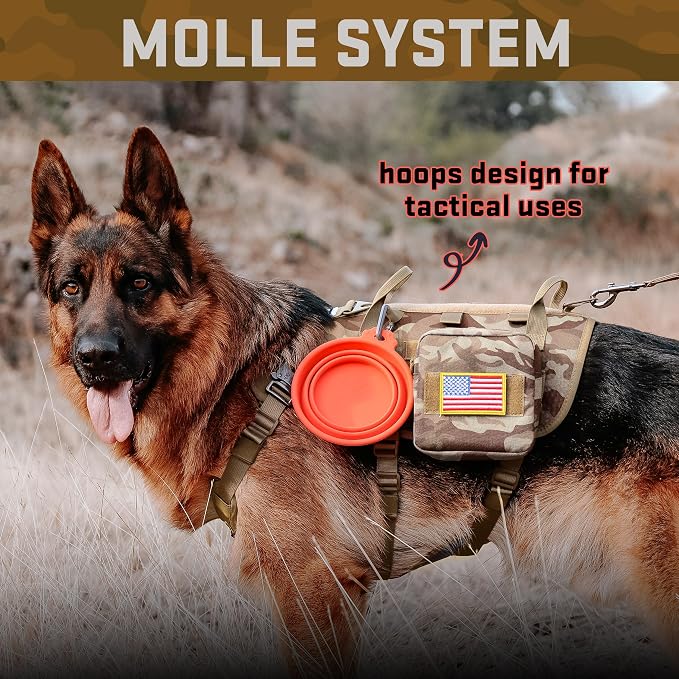 Forestpaw Tactical Dog Harness Collar Bungee Leash Set,M,Camo Brown | Adjustable Fits 22-35" Chest,30-80 lbs,No Pull Control Military Style,Quick Release Buckle,Walking Training for Medium Dogs