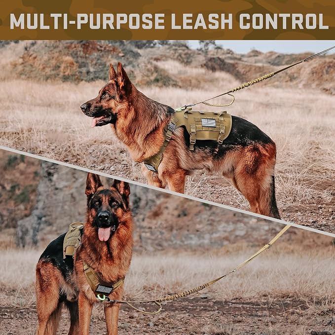Forestpaw Tactical Dog Harness Collar Bungee Leash Set,M,Coyote Brown | Adjustable Fits 22-35" Chest,30-80 lbs,No Pull Control Military Style,Quick Release Buckle,Walking for Medium Dogs