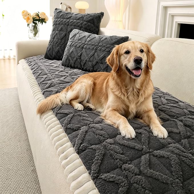 OTOB Sofa Covers for 3 Cushion Couch Washable, All Seasons Non Slip Fuzzy Pet Couch Cover, Soft Plush Geometric Jacquard Sofa Slipcovers, Kids Pet Friendly Dog Bed Mats (Dark Gray, 27.6" x 70.9")
