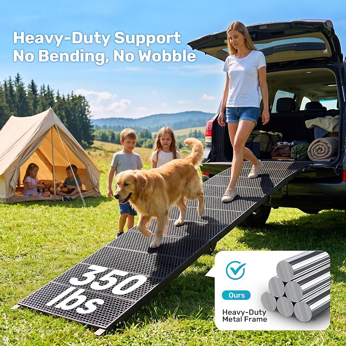 91" Extra Long Dog Ramp for Large Dogs, Heavy Duty Metal Frame Pet Ramp for High SUVs, Trucks and Cars, Portable Folding Travel Dog Ramps with Safety Latch, Supports up to 350lbs