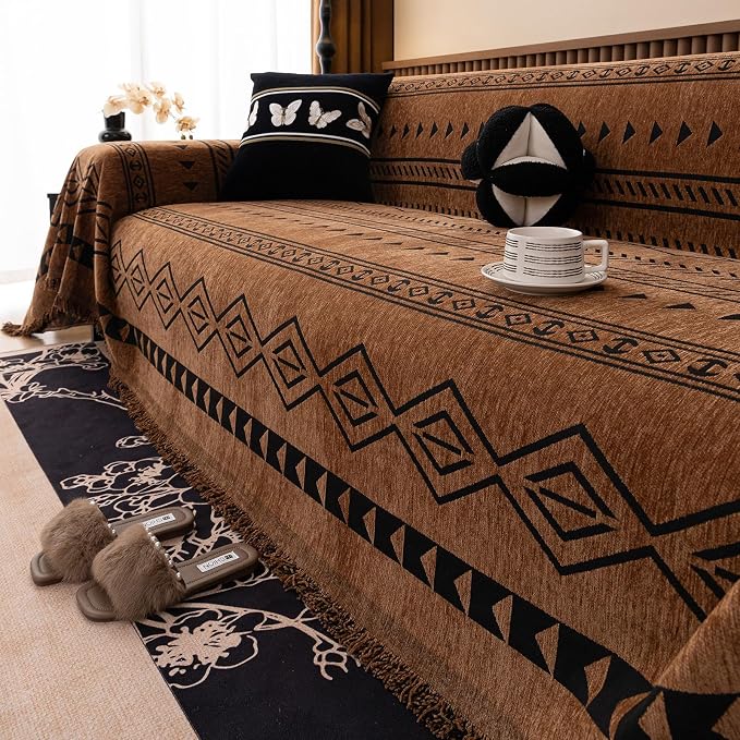 VClife Bohemian Couch Cover for Dog, Plush Thick Chenille Aztec Couch Cover for 2 Cushion Couch Sofa Pet Friendly Sofa Slipcover with Tassel 71"X118"