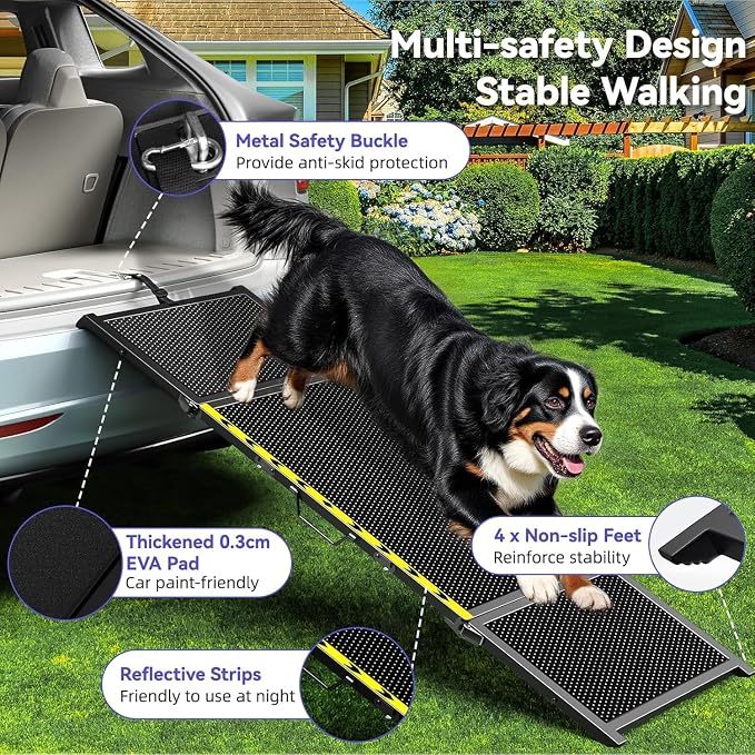 Pawaboo 67" L & 20" W Longest Dog Ramp for Car Foldable, Up to 200 LBS | Extra Wide Portable Pet Dog Ramps for Large Dogs, Dog Car Ramp for SUV/Truck/RV/Bed, Lightweight Ramps with Non-Slip Mesh, Bl