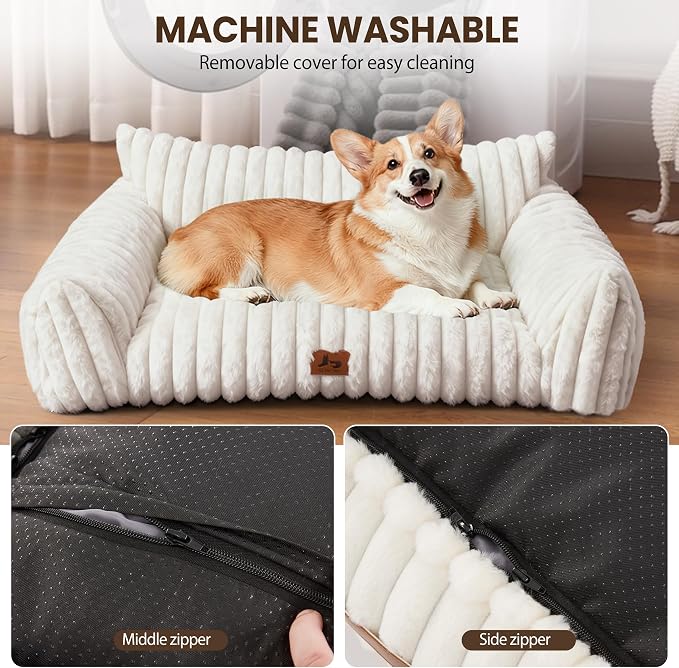 Dog Couch for Pets, Cute Small Dog Bed Medium Size Dogs with Cozy Soft Faux Rabbit Fur for Small & Medium Dogs, Supportive Pet Sofa with Removable Washable Cover, Cream, 36"
