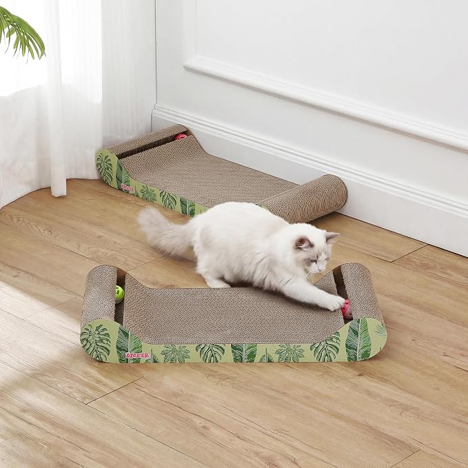 Rini 23.75" Modern Cardboard Cat Scratcher Lounge Bed with Built-in Bell Toys and Catnip, Ergonomic Curved Sofa Design, Mint/Green Leaf Pattern, Set of 2 CSR1003E-SET2