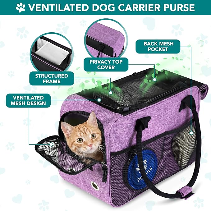 PetAmi Dog Purse Carrier for Small Dogs Cats, TSA Airline Approved Soft-Sided Pet Carrier with Pockets, Ventilated Travel Tote Bag with Bed & Shoulder Strap, Puppy Kitten, Max 12 lbs, Purple