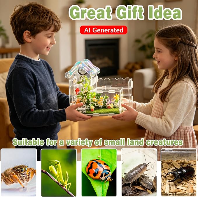 29-in-1 Jumping Spider Enclosure Kit, Acrylic Arboreal Terrarium with Magnetic Front Opening & Sliding Top, Staircase Mushroom Decor, Small Reptile Habitat for Mantis Tarantula Snail