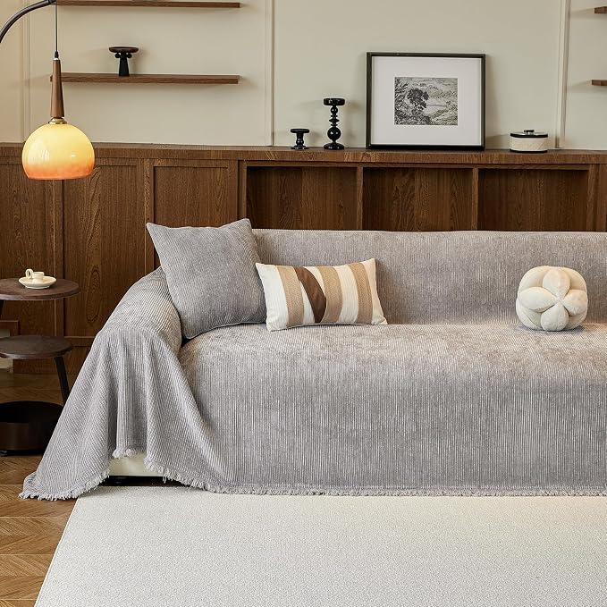 VClife Vintage Light Gray Striped Couch Cover with Tassel, 71" X 118" | Soft Thick Chenille Couch Covers for 2 Cushion Couch Sofa, Washable Sofa Covers for Sectional Sofa, Fade & Shrink Resistant