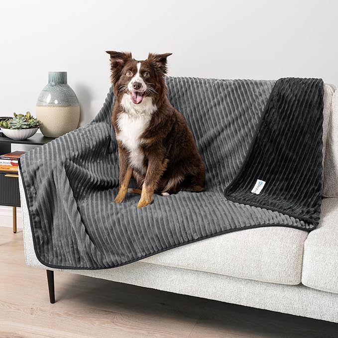 PetAmi Waterproof Dog Blanket, Leakproof Pet Blanket for Small Medium Large Dogs, Reversible Furniture Bed Sofa Couch Cover Protector, Plush Striped Pet Throw for Indoor Cat, 24x32 in, Black Grey