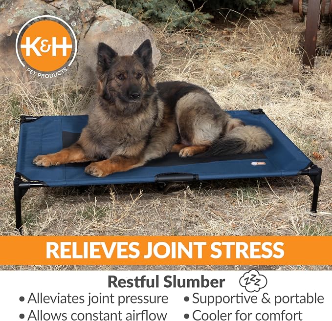 K&H Outdoor Elevated Dog Bed, Cooling Raised Dog Bed, Blue, XL 50x32in | Pet Cot for Large & Extra Large Pets, Breathable Mesh Center Hammock Design, Indoor/Outdoor Washable Cover, 50x32in