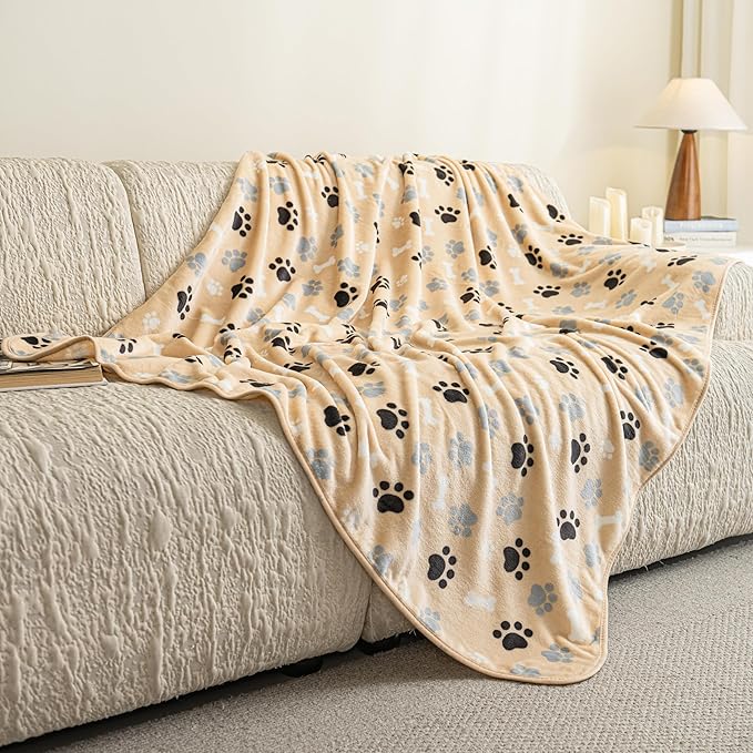 Dog Blanket Paw Bone Pattern 1 Pack 2 Super Soft Warm Flannel Sofa Cover Car Bed Protector, Urine Proof Washable Outdoor Pet Blanket for Puppy Large Dogs & Cats,60"*50" Beige