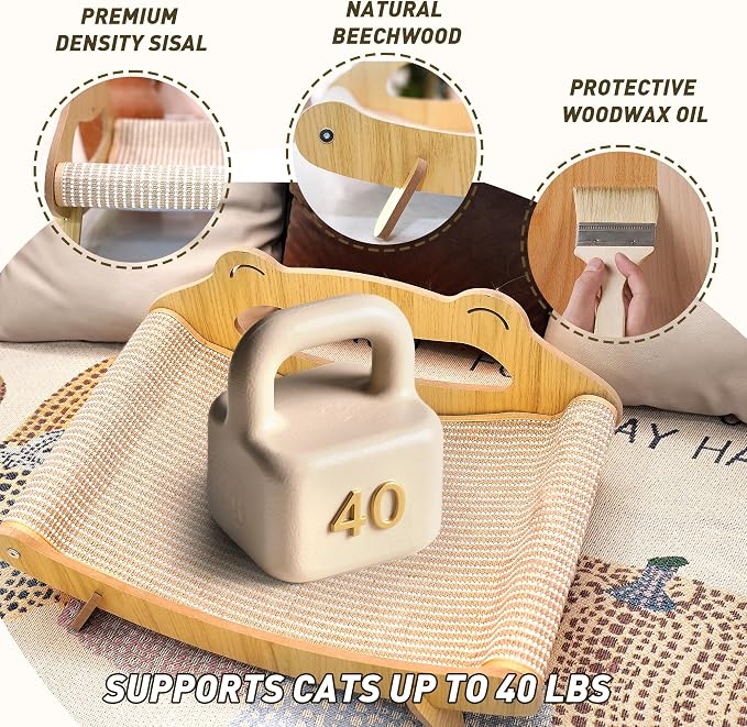 Sisal Cat Scratcher Bed with Hammock, Solid Wood Frame Cat Scratch Pad & Lounger for Indoor Cats, Durable Natural Sisal Cat Furniture Protector for Scratch, Rest and Sleep(Large)