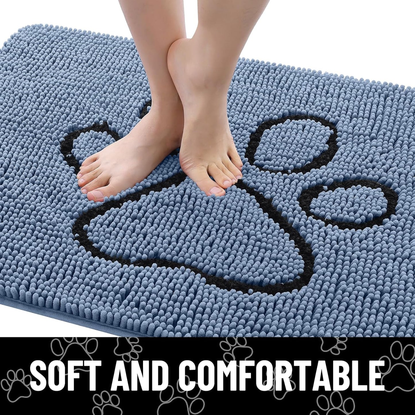 Smiry Dog Door Mat for Muddy Paws, Absorbent Dirt Trapper Non Slip Quick Dry Washable Chenille Mat for Mud Dogs, Entry Rug for Indoor and Outdoor (48x30 Inches, Airy Blue and Black)
