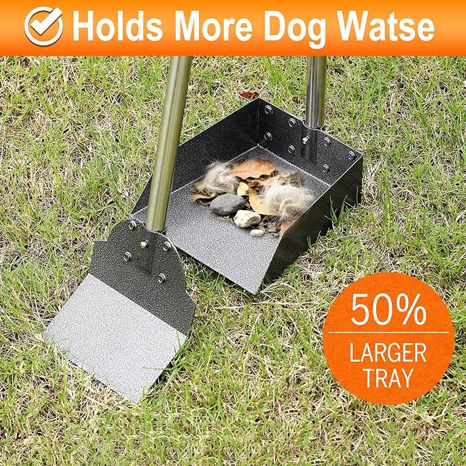 Dog Pooper Scooper, Metal Tray & Spade with 38.2" Long Handle | Large Dog Poop Scooper: 9.5x9x3.1in Tray, 7.7x6in Spade, No-bend Pickup, Yard and Kennel, Tool-free Setup