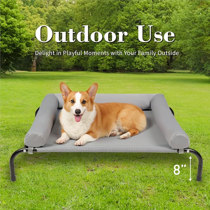 Cooling Elevated Dog Bed with Pillows,Portable Washable Raised Dog Cot with Chew Proof Mesh and Metal Frame,No-Slip Rubber Feet for Indoor & Outdoor Use,Medium,Gray