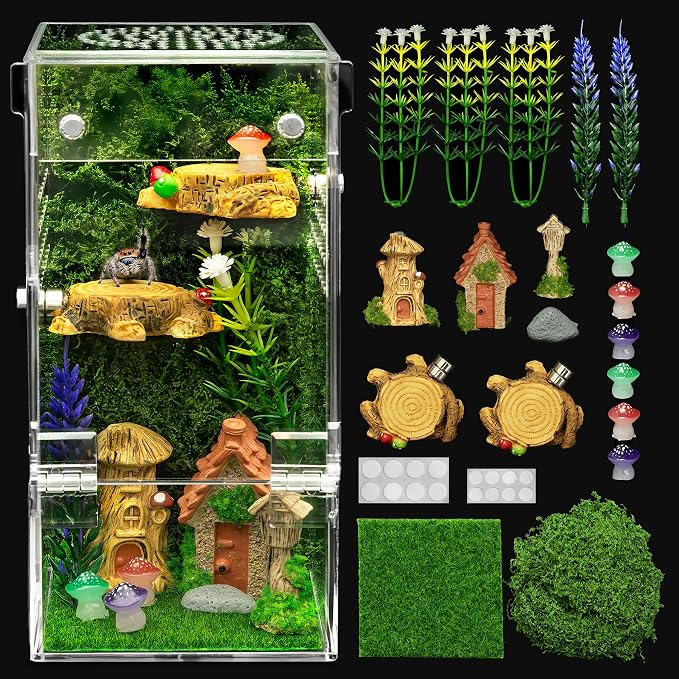 Jumping Spider Enclosure Starter Kit,Escape Proof Forest Terrarium | Praying Mantis Terrariums,Transparent Acrylic Complete Bug Habitat,All In One Arboreal Tarantula Cribs Cage,Insect Container