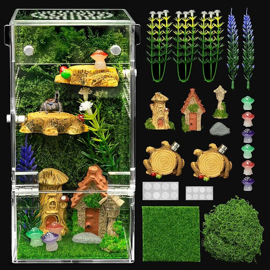 Jumping Spider Enclosure Starter Kit,Escape Proof Forest Terrarium | Praying Mantis Terrariums,Transparent Acrylic Complete Bug Habitat,All In One Arboreal Tarantula Cribs Cage,Insect Container