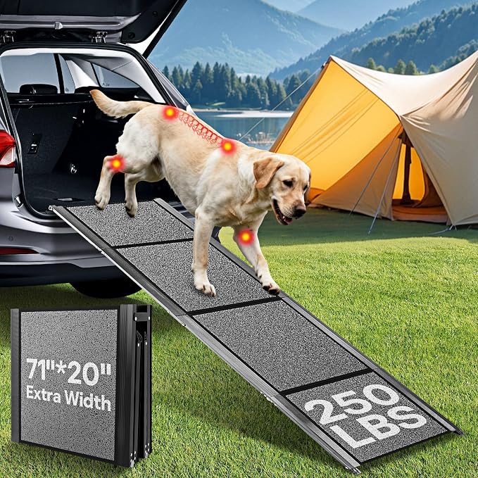 𝟕𝟏'' & 𝟐𝟎" Wide Dog Ramp for Large Dogs, Holds 250LBS & Gentle Slope for Joint Care - Dog Car Ramp with Upgrade Non-Slip Surface - Portable Folding Pet Ramps for Senior Pets Enter into SUV, Truck