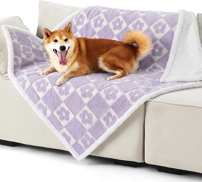 LE SURE Waterproof Dog Blankets for Large Dogs Cute Cozy 3D Jacquard,40x50 | Warm Soft Pet Blanket for Senior Dogs Aesthetic Gift, Washable Sherpa Throw,Reversible Couch Protector,Lavender Flower Checks