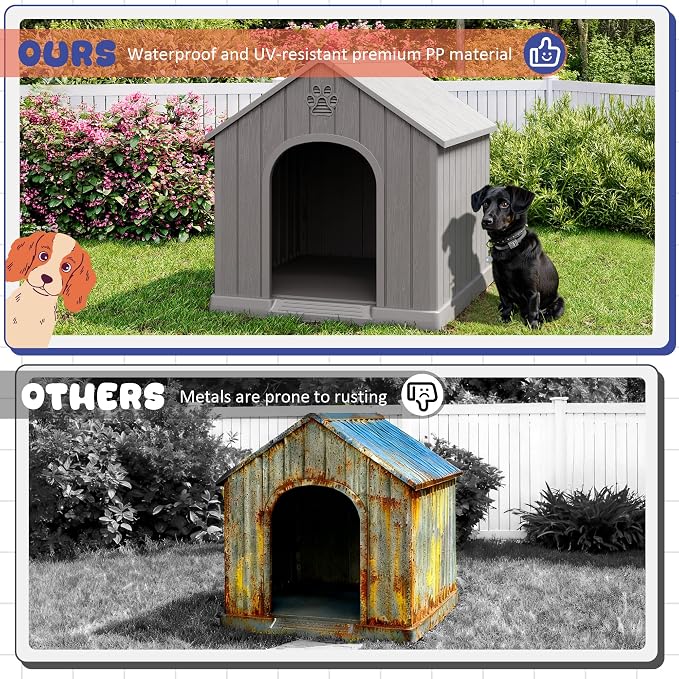 Bifanuo Outdoor Indoor Dog House for Small & Medium Dogs - Weatherproof Shelter with Elevated Floor, Hidden Vents & Tool-Free Assembly (Classic Grey, 26.18" L x 24.03" W x 25.98" H)