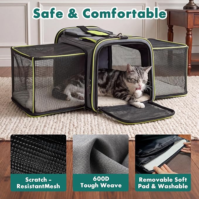 Large Expandable Cat Carrier, Airline Approved with Ventilated Top Side Panels, Durable Chew-Resistant 600D Fabric, for Cats and Small Dogs, Car Airplane Travel, Green