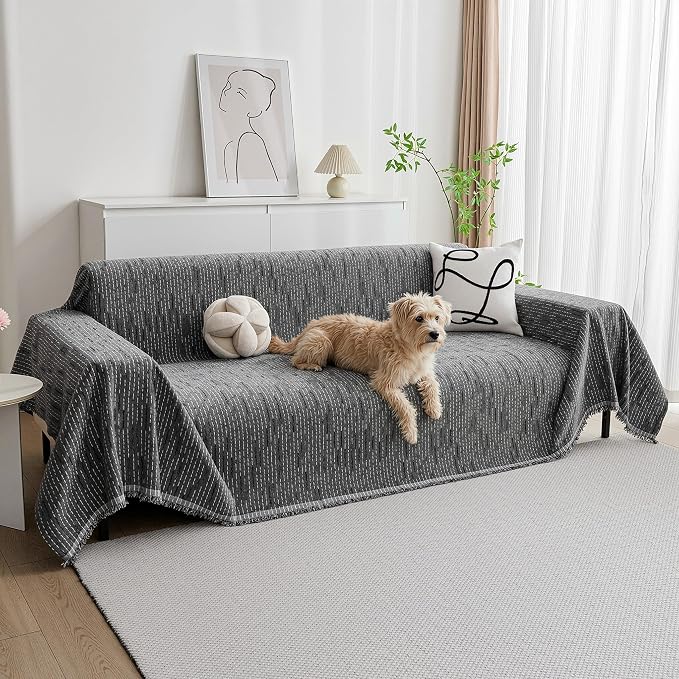 MYSKY HOME Couch Covers for Sofa, Dog Couch Cover Protector, Dark Grey Lines Sofa Covers for Sectional L Shape, Pets Couch Throw Cover Washable Durable Large Couch Cover for Dogs, Cats, 91"X118"