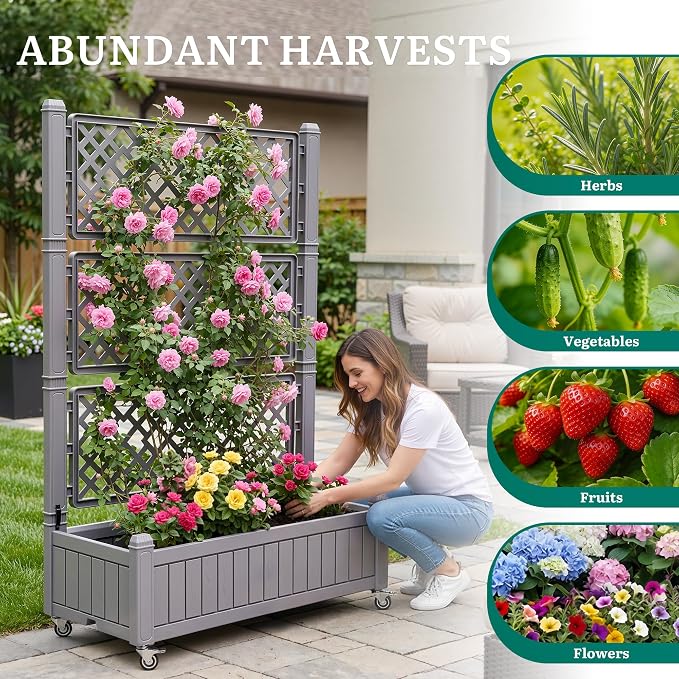 YITAHOME 42.5x14.2x61 in Planter Box with Trellis, All-Weather Raised Garden Bed with Wheels & Drain Plug, Outdoor Privacy Screen for Climbing Plants Flowers Herbs, Brown