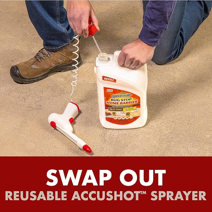 Spectracide Bug Stop Home Barrier2, 1.33 Gallons, AccuShot Refill Kills on Contact for Indoor Plus Outdoor Foundation Treatment Insect Control, Kills Ants, Roaches, Spiders, Fleas, Silverfish