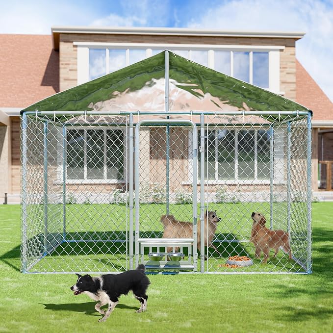 10×10×7 FT Outdoor Dog Kennel Enclosure w/Roof, Rotating Feeder | Large Heavy Duty Dog Run Playpen with 2 Stainless Bowls, Galvanized Pet House with Secure Lock, Waterproof Cover