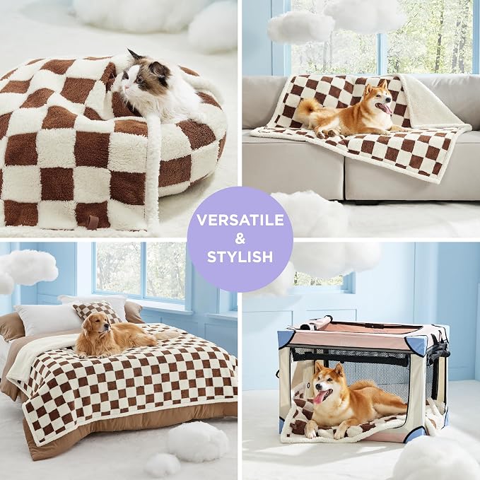 LE SURE Waterproof Dog Blankets for Small Dogs Cute Cozy 3D Jacquard,25x35 | Puppy Blanket for Cat Aesthetic Gift, Warm Soft Sherpa Throw Washable, Reversible Pet Couch Protector, Brown Checks