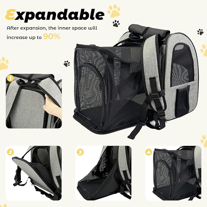 Zavothy Cat Backpack Carrier – Expandable Airline Approved Pet Travel Bag for Cats & Small Dogs, Breathable Mesh Pet Carrier Backpack with Padded Base (Grey)