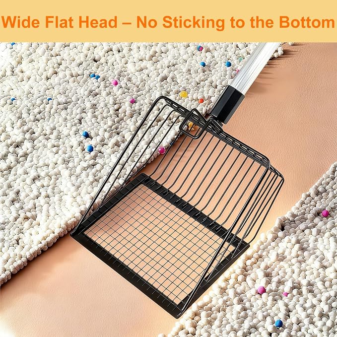 Metal Cat Litter Scoop with Extendable Long Handle, No Bending Back | Heavy Duty Stainless Steel Cat Pooper Scooper Large Durable Non-Stick Deep Shovel Kitty Litter Scoop Detachable Long Handle