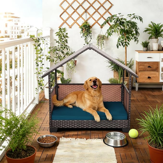 HDPE Wicker Dog House for Medium/Big Dogs 39x30x41in, Outdoor Dog Bed House with Canopy and All-Weather Non-Slip Dog Cot Cushion, Oversize Rattan Dog Bed Shelter and Pet Cabana, Brown