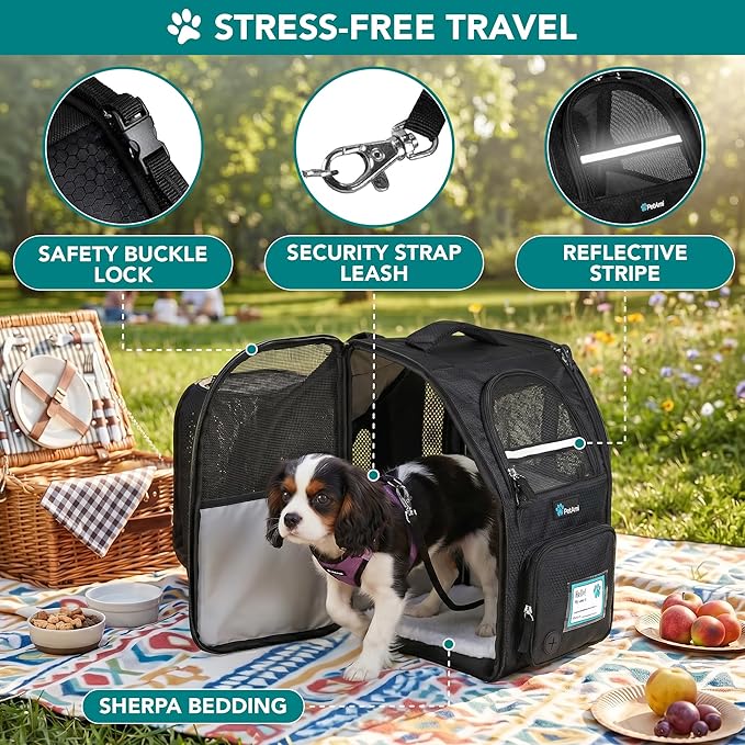 PetAmi Expandable Dog Backpack Carrier for Cats & Pets, Breathable Cat Carrier Backpack with Top Window & Multi-Entry, Ventilated Foldable Travel Carrier for Small Medium Pets up to 18 lbs, Black