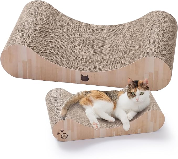 Necoichi Cardboard Cat Scratcher Bed for Indoor Cats - Cat Scratching Board, Horizontal Cat Scratch Pad Lounger with Reversible Usability and Extra Comfort for Lounge, Curved (23" Large, Oak)