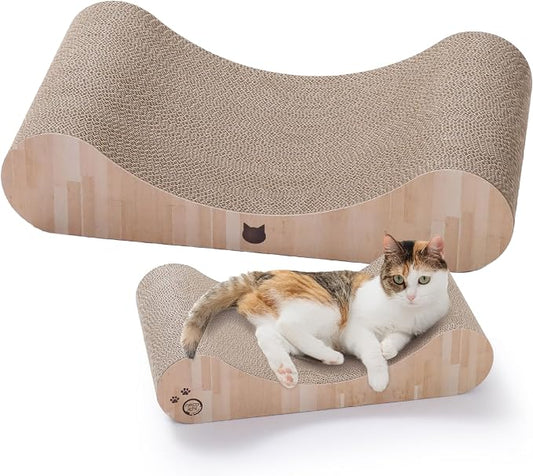 Necoichi Cardboard Cat Scratcher Bed for Indoor Cats - Cat Scratching Board, Horizontal Cat Scratch Pad Lounger with Reversible Usability and Extra Comfort for Lounge, Curved (23" Large, Oak)