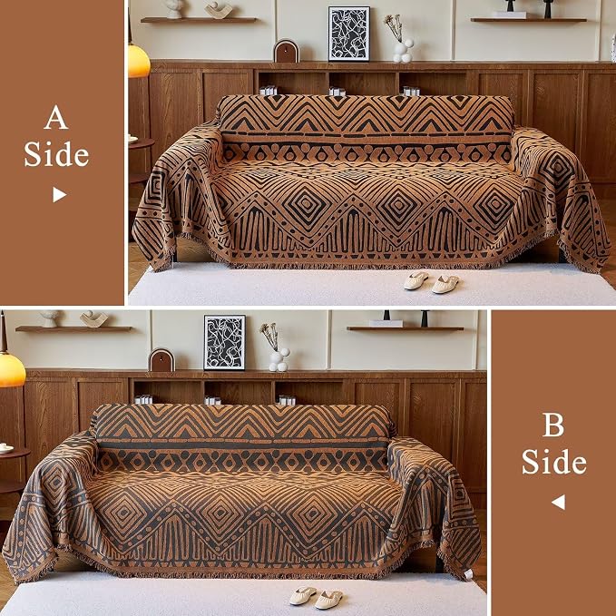 VClife Boho Couch Covers Washable Sofa Cover for Sofa, Luxury Sectional Couch Cover Chenille for 3 Cushion Couch, Anti Slip Pet Sofa Slipcover Dog Couch Cover Throw, Black Pumpkin Geometry, 71"x134"