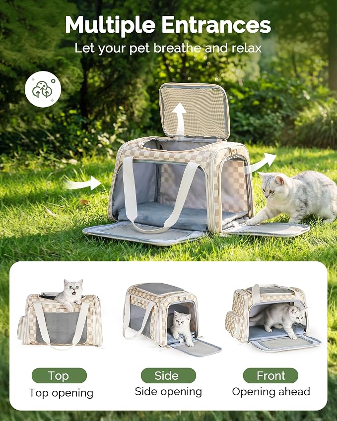 Homespon Soft-Sided Cat Carrier Dog Carrier, 34.5L Airline Approved Pet Carrier, Collapsible Travel Bag with Removable Bed for Small Dogs & Cats (Khaki Checkboard)