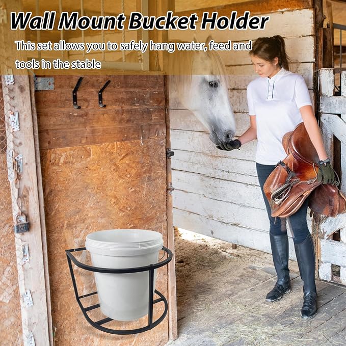 2 Pcs Horse Feed Pail Wall Mount,Heavy Duty Metal Wall Mount Water Bucket Holder for Horses Feed,Barn,Farmhouse Supplies(5 Gallon,Black)