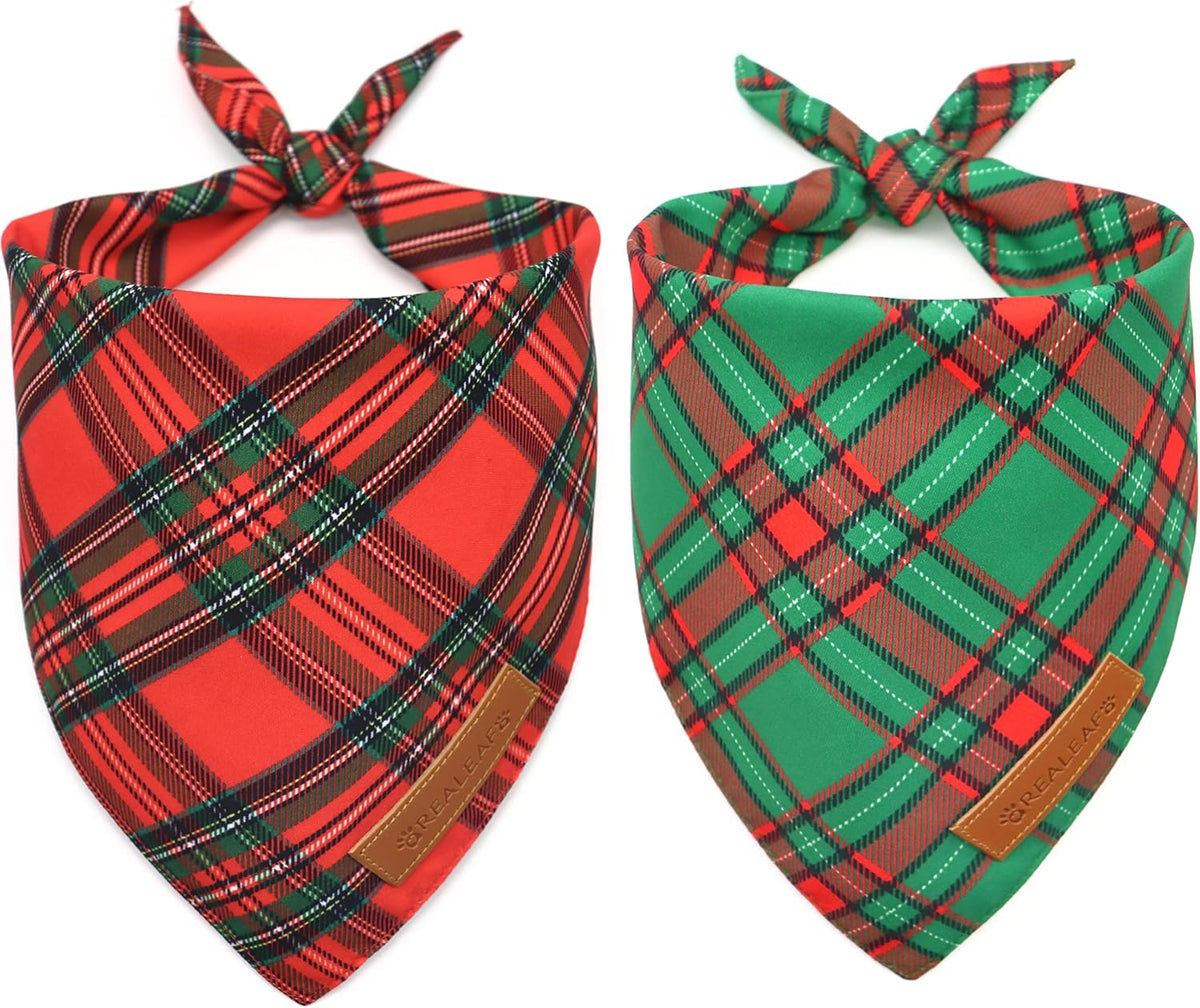 Realeaf Christmas Dog Bandanas 2 Pack, Reversible Red Green Plaid Dog Scarf, Xmas Pet Bandana for Boy and Girl, Premium Durable Fabric, Holiday Check Bandana for Medium and Large Dogs Pets (Large)