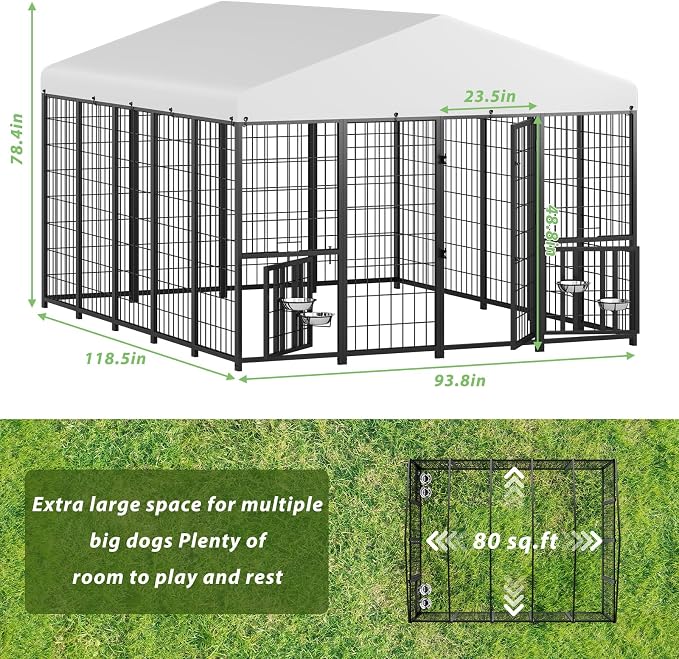LOVMOR 10' x 8' Outdoor Dog Kennel with Roof for Large Dogs | Heavy duty steel frame, waterproof canopy, double latch door, adjustable feeding bowls for yards and patios