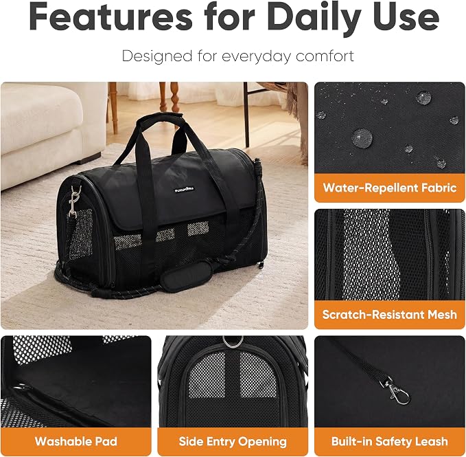 FUKUMARU Cat Carrier, Light & Airy Pet Carrier, 18x11x11 Airline Approved Dog Carrier for Small Dogs, 2-in-1 Shoulder Strap Leash, Collapsible Soft Cat Travel Carrier with Anti-Scratch Mesh, Black