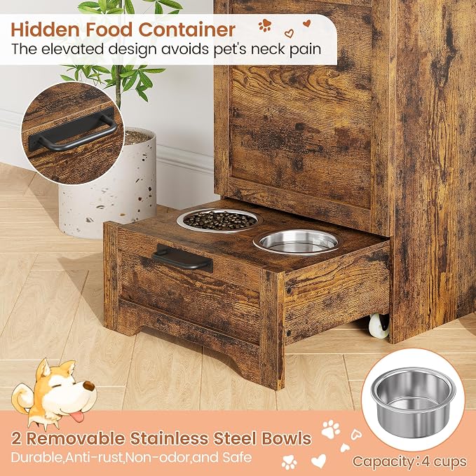 Garvee Dog Feeding Station with 2 Elevated Bowls, Brown | Wooden Dog Food Storage Cabinet, Flip Top Pet Feeding Station, Food Storage Container, Pet Toy Organizer
