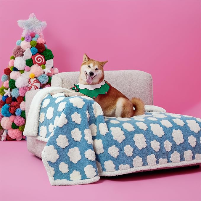 LE SURE Waterproof Dog Blankets for Large Dogs Cute Cozy 3D Jacquard,40x50 | Warm Soft Pet Blanket for Senior Dogs Aesthetic Gift, Washable Sherpa Throw, Reversible Couch Protector, Clouds Blue