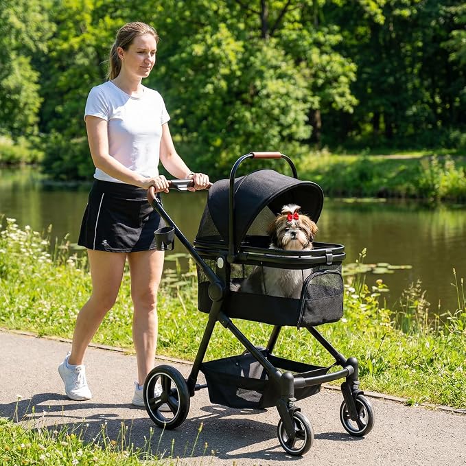 3-in-1 Foldable Pet Stroller for Dogs/Cats, 33lbs | All-terrain 7"/10" wheels | Compact storage | Storage basket | Breathable linen | Cup holder & rear brakes