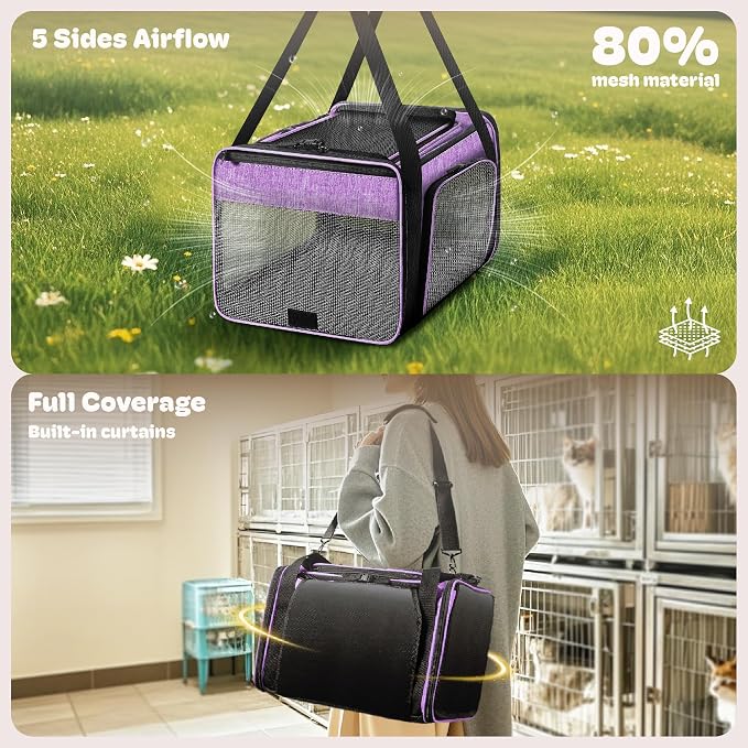 Top and 2 Sides Expandable Pet Carrier 17x11x9.5, TSA Airline Approved Small Dog Carriers for Small Dogs, Soft-Sided Cat Carrier with Self-Locking Zippers for Kitten,Rabbit, Puppy, Guinea Pig Purple