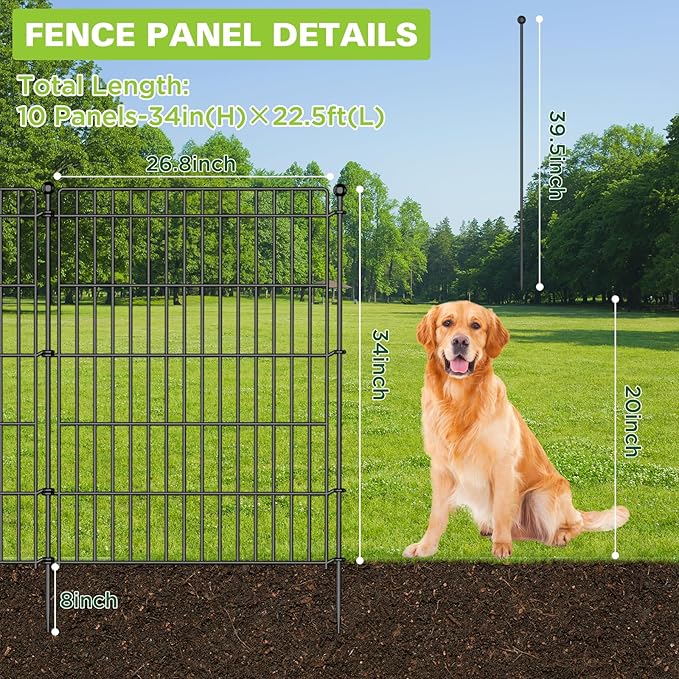 10 Panels No Dig Garden Fence Animal Barrier, 34in(H) × 22.5ft(L) Decorative Metal Outdoor Dog Fence, Rustproof Pet Fencing for Yard, Patio, Flower Bed -Temporary Fencing| Easy to Install