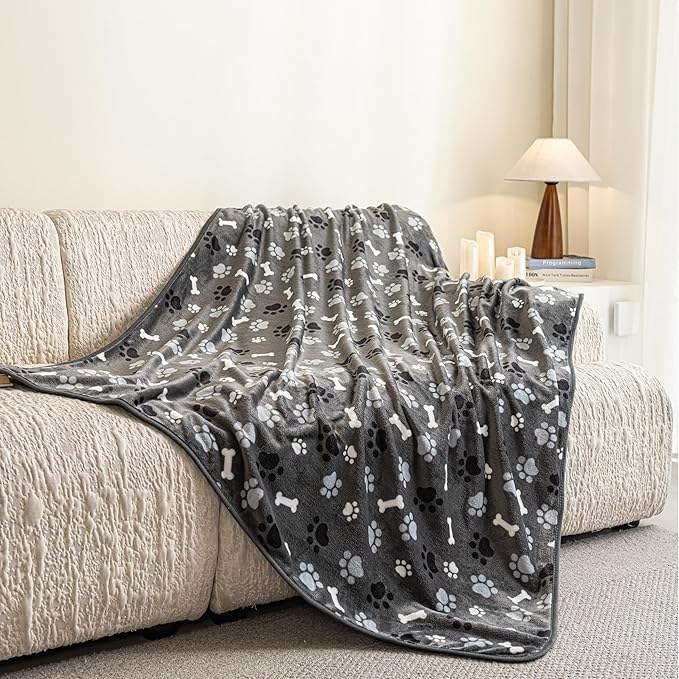 Dog Blanket Paw Bone Pattern 1 Pack 1 Super Soft Warm Flannel Sofa Cover Car Bed Protector, Urine Proof Washable Outdoor Pet Blanket for Puppy Large Dogs & Cats,80"*60" Grey